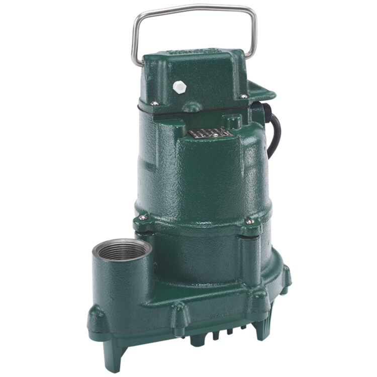 Green cast iron submersible pump with metal carry handle, outlet port, and power cord.
