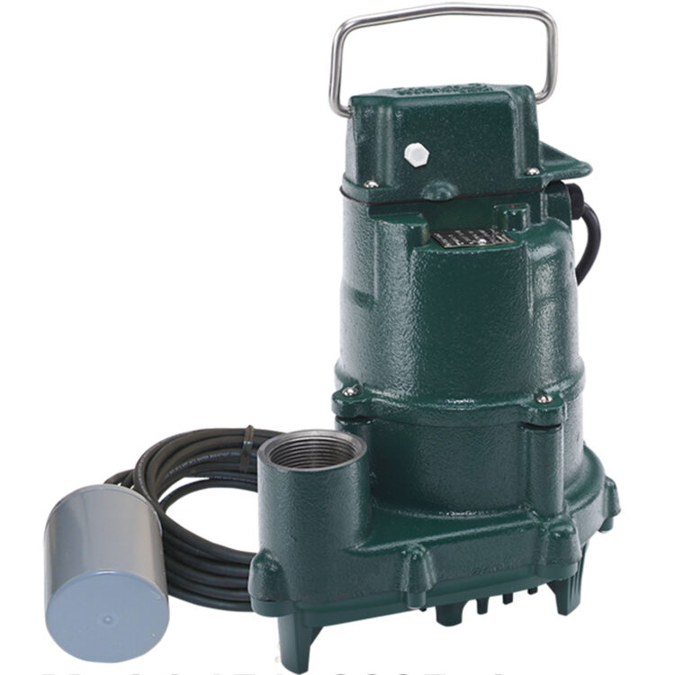 Green cast iron submersible pump with metal handle, black power cord, and blue float switch connected by black hose.