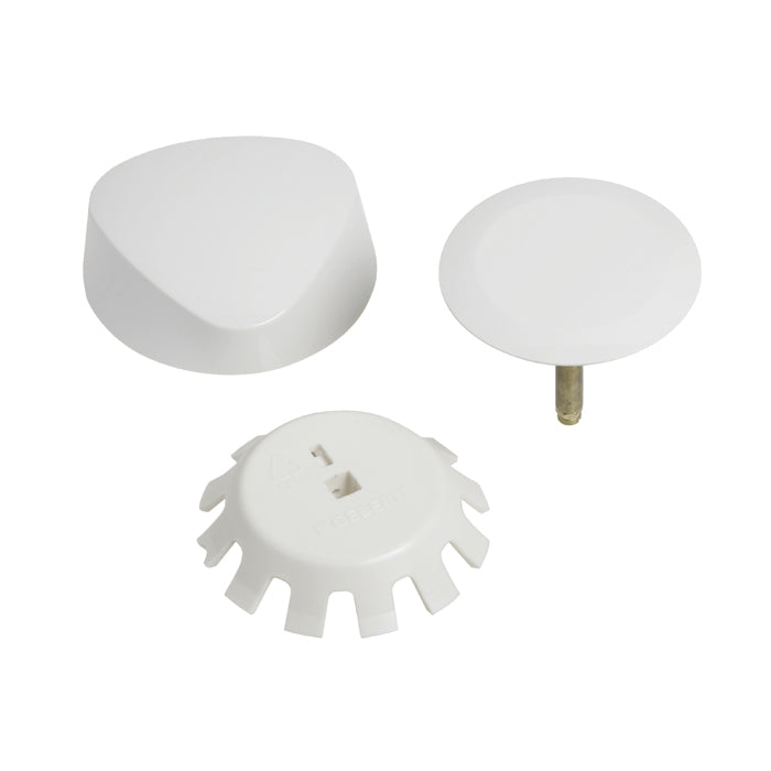 White Geberit TurnControl trim kit with curved cap, round knob with brass stem, and flanged base component.