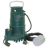 Green cast iron sump pump with handle, black power cord, and white cylindrical float switch included.