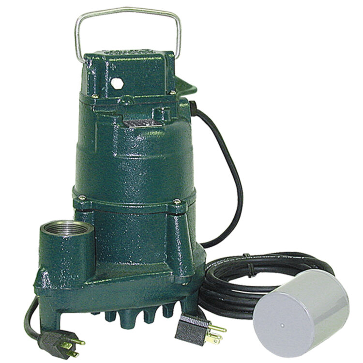 Green cast iron sump pump with handle, black power cord, and white cylindrical float switch included.