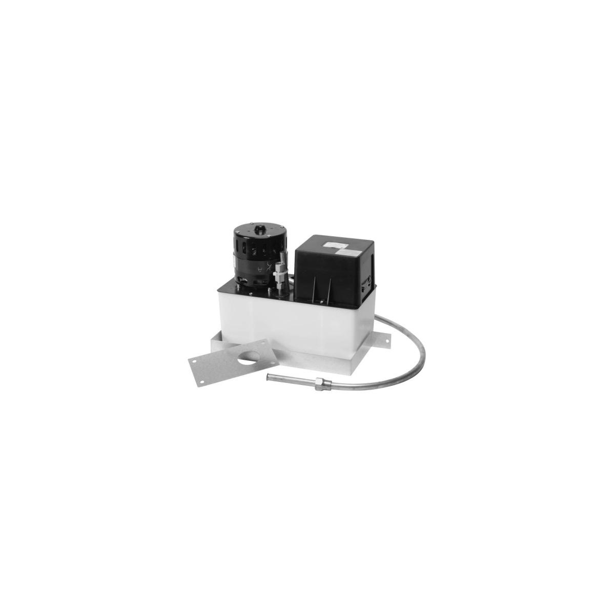 Sump pump kit with white basin, black motor and control box, metal mounting bracket, and gray hose.