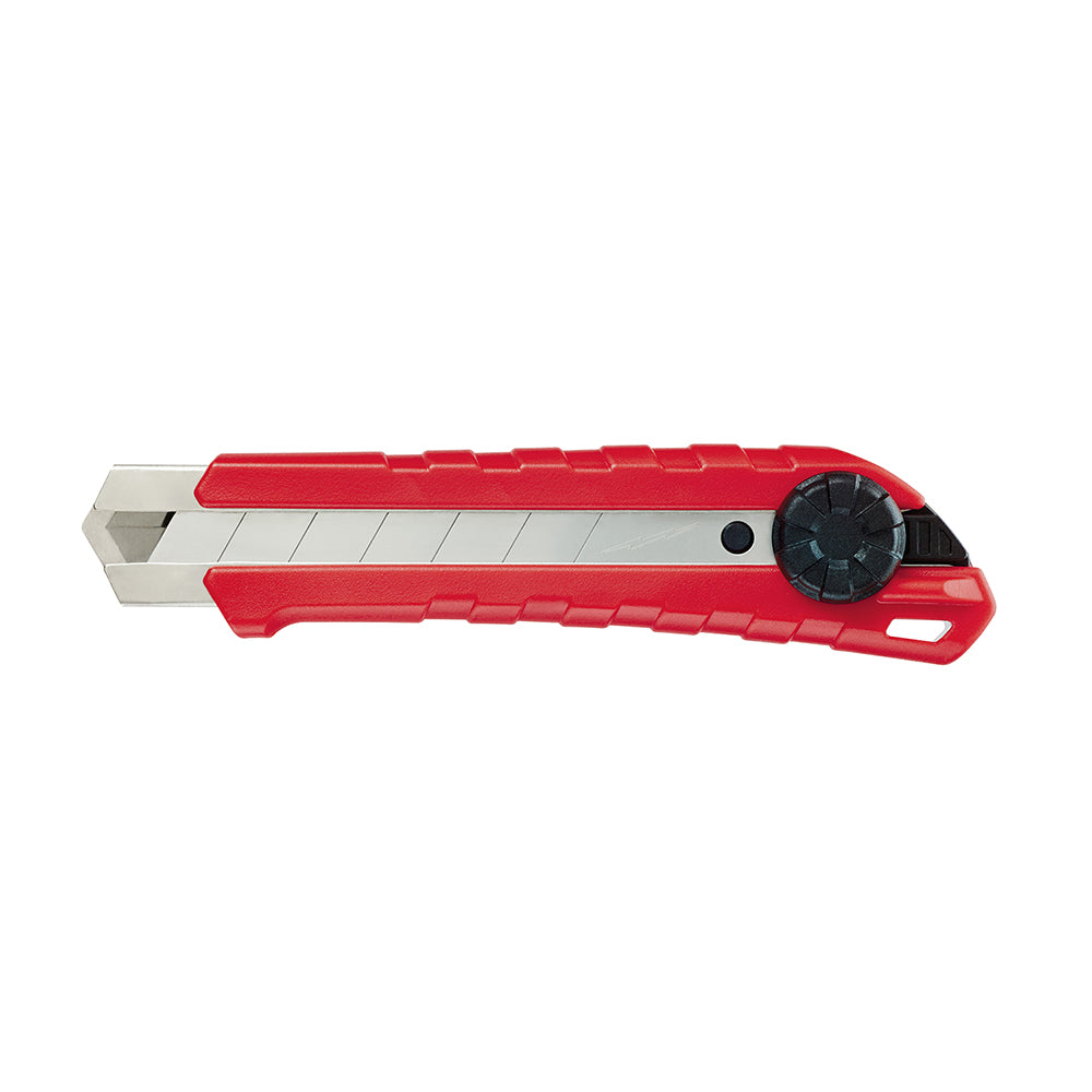 Red and white snap-off utility knife with black dial adjustment wheel and exposed metal blade.