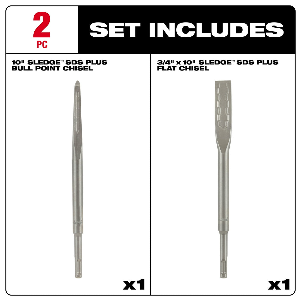 Two SDS-Plus chisels: 10" bull point and 3/4" x 10" flat chisel with textured grip sections.