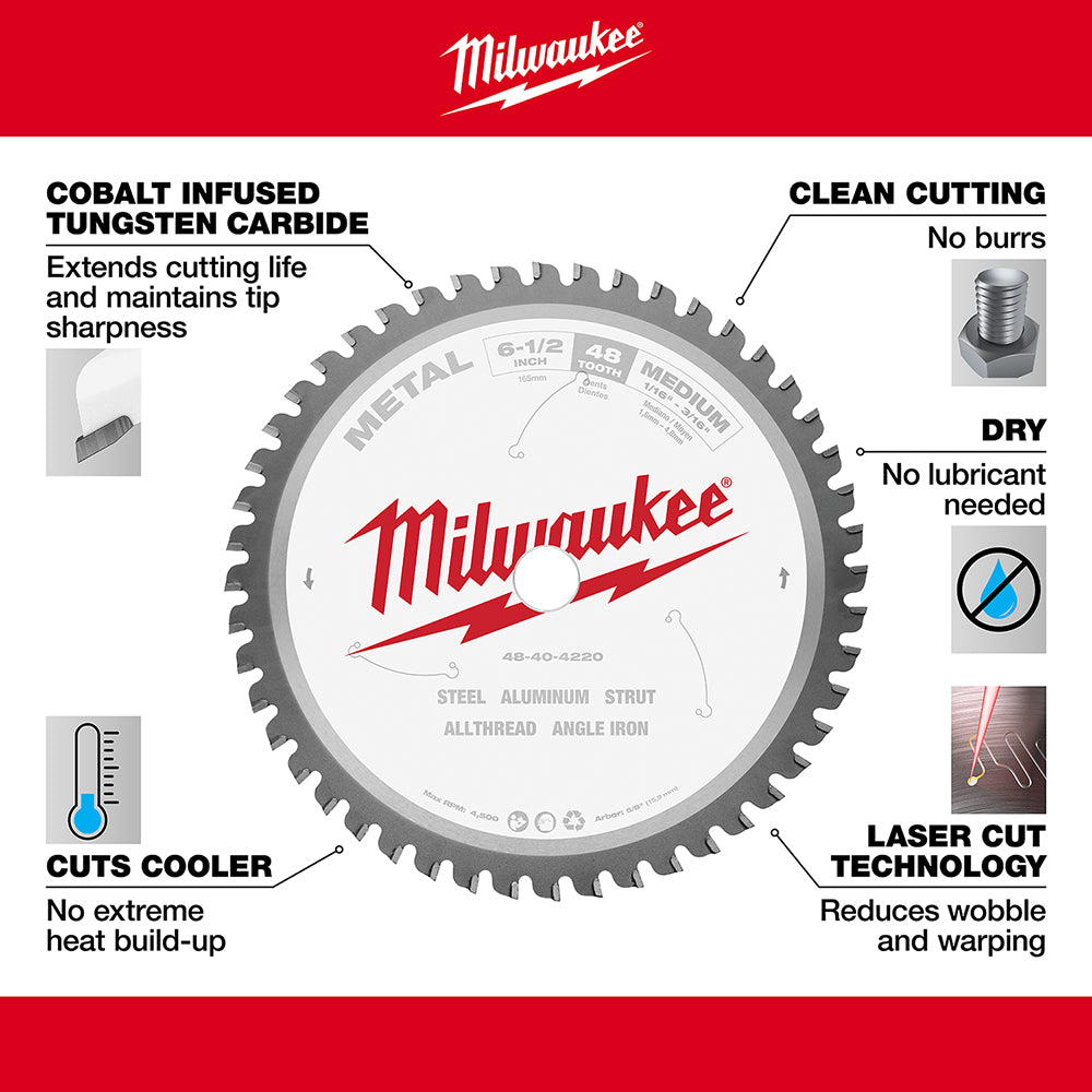 Milwaukee 6-1/2 inch metal cutting circular saw blade with cobalt tungsten carbide teeth and laser cut design.