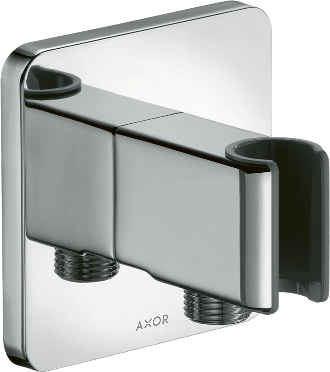 Chrome handshower holder with outlet and sliding bracket attachment for wall mounting.