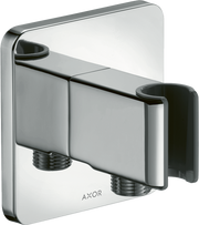 Chrome handshower holder with outlet and sliding bracket attachment for wall mounting.