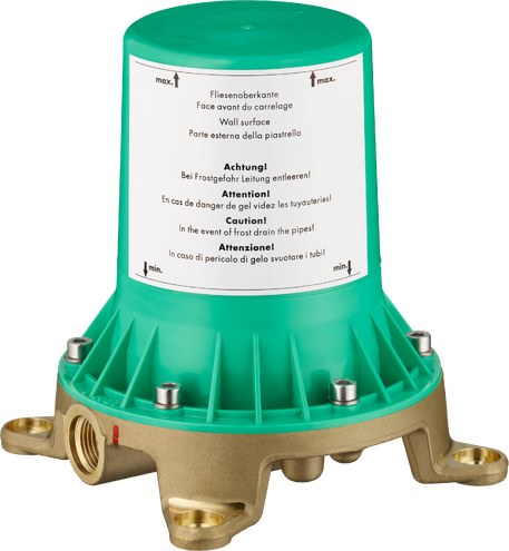 Starck Rough freestanding tub filler with green cap, brass base, and instructional label visible on cylindrical housing.