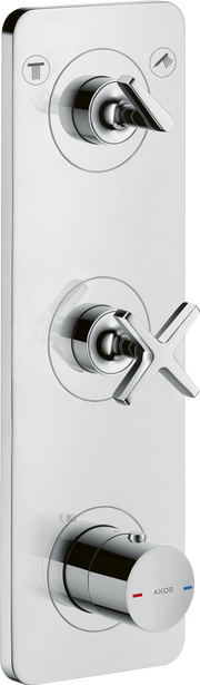 Chrome thermostatic shower valve trim with two lever handles and circular escutcheons on white rectangular plate.