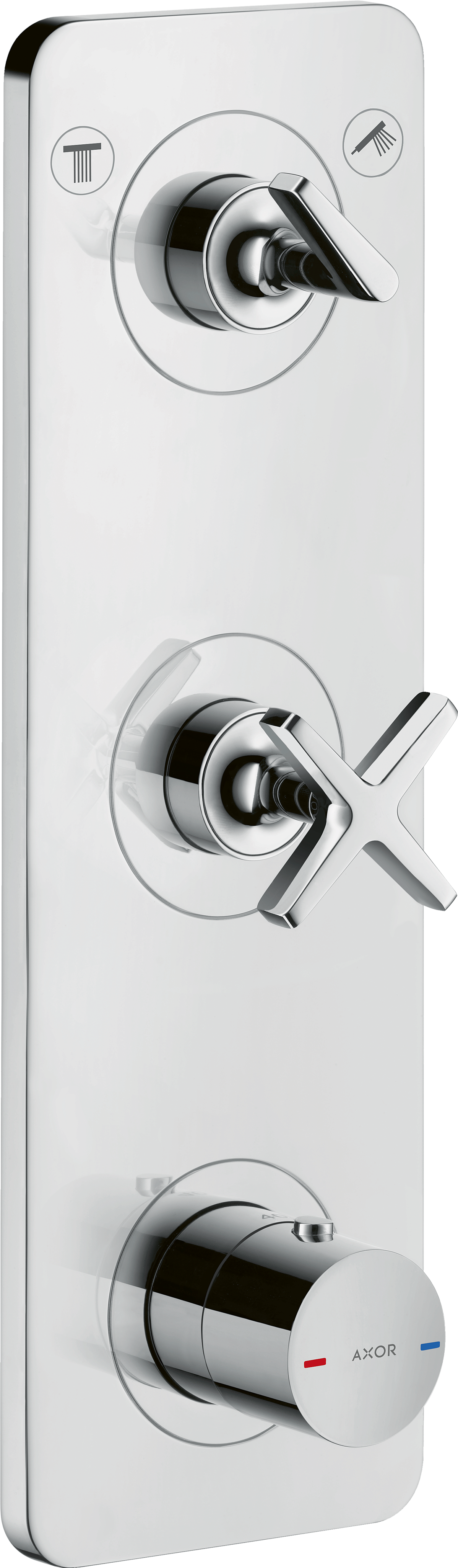 Chrome thermostatic shower valve trim with two lever handles and circular escutcheons on white rectangular plate.