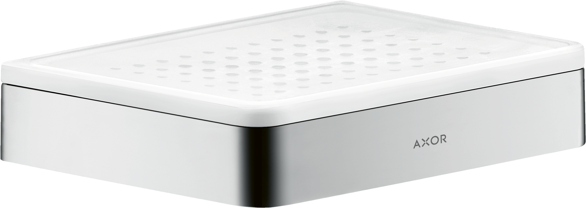 Chrome soap dish with white perforated top and rectangular basin design.