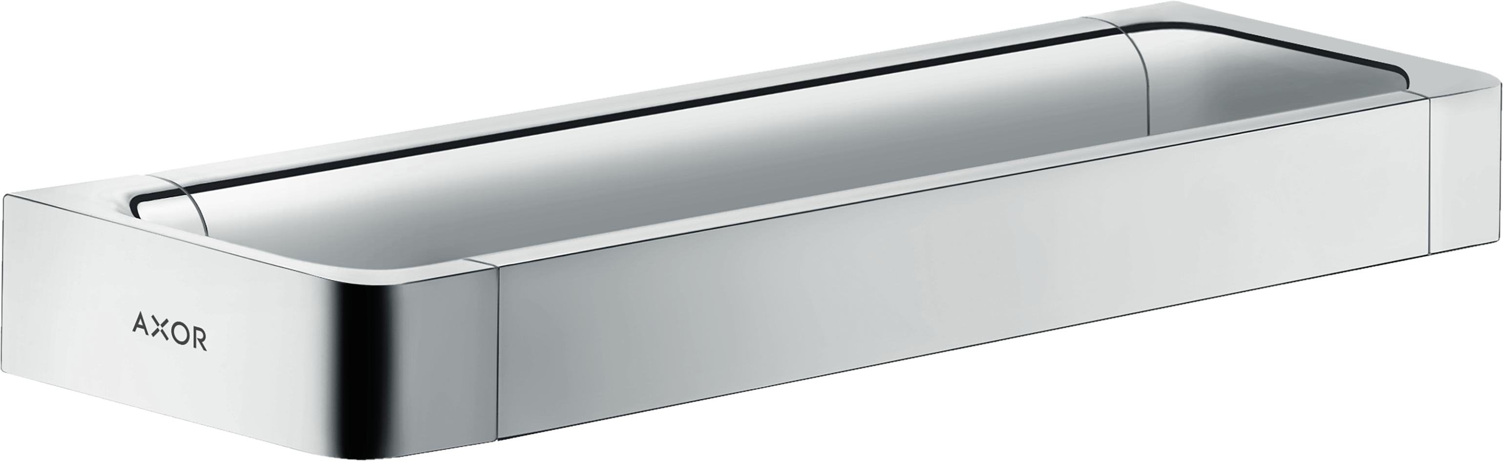 Chrome towel bar with rectangular mounting plate and curved rail, 12 inches wide.