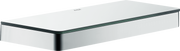 Chrome and white rectangular bathroom shelf with rounded corners and beveled edge, 12 inches wide.