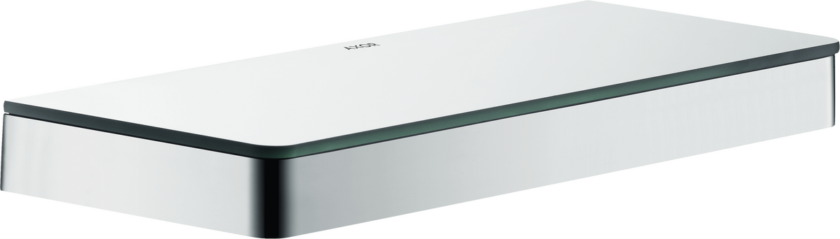 Chrome and white rectangular bathroom shelf with rounded corners and beveled edge, 12 inches wide.