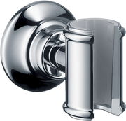 Chrome handshower holder with cylindrical grip and spherical wall mount bracket.