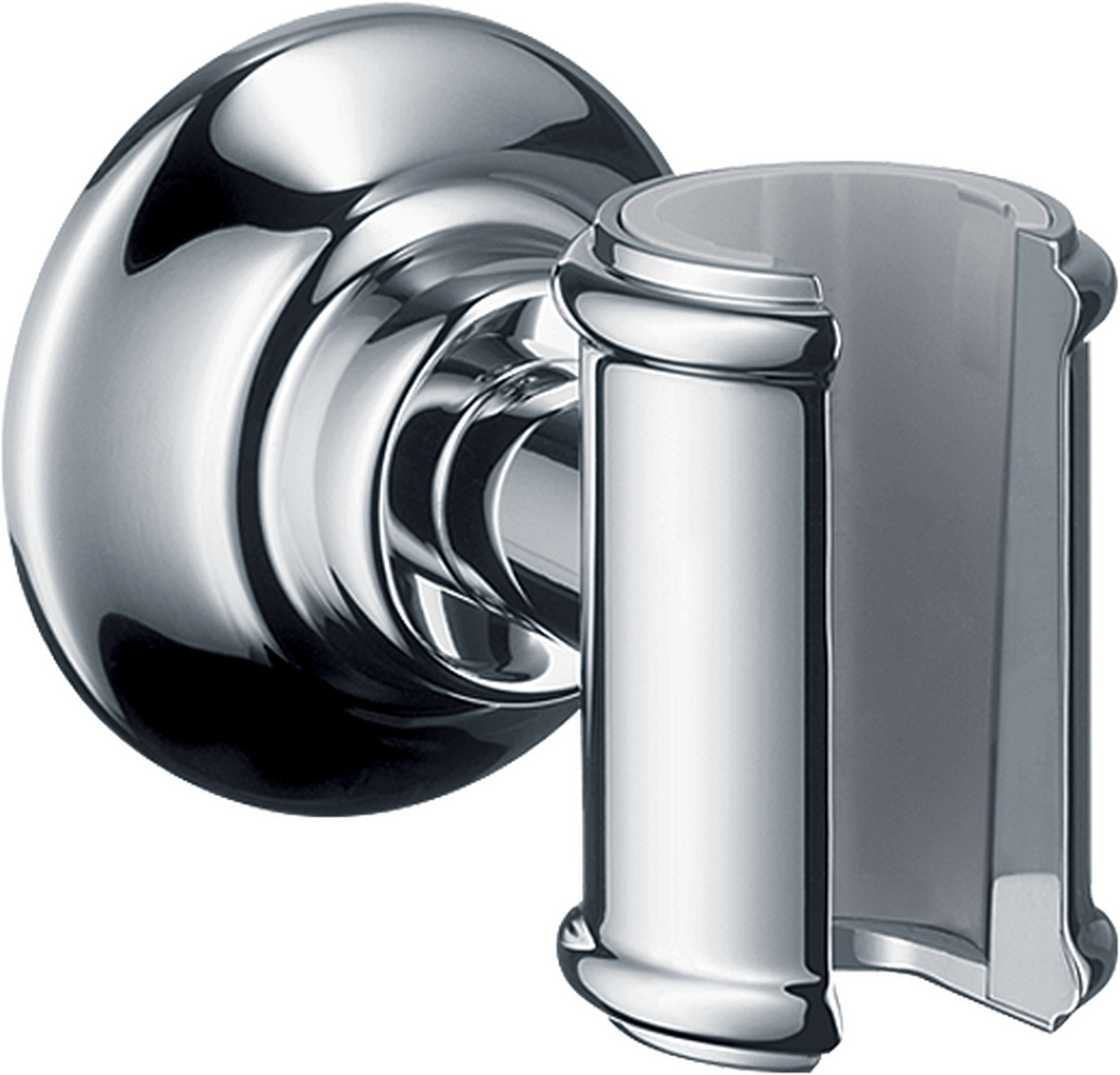 Chrome handshower holder with cylindrical grip and spherical wall mount bracket.