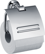 Chrome toilet paper holder with covered design and two horizontal bars on front cover.