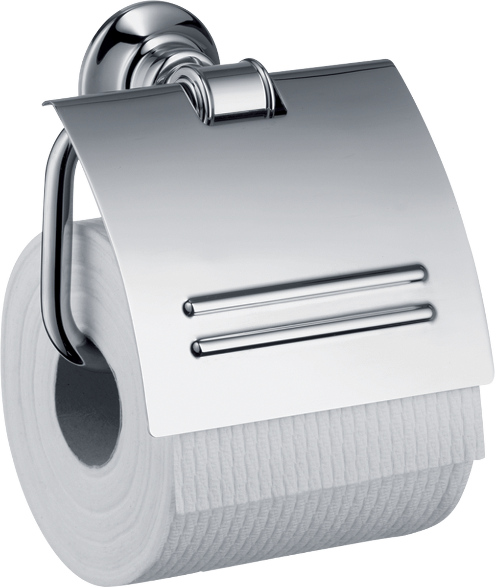 Chrome toilet paper holder with covered design and two horizontal bars on front cover.