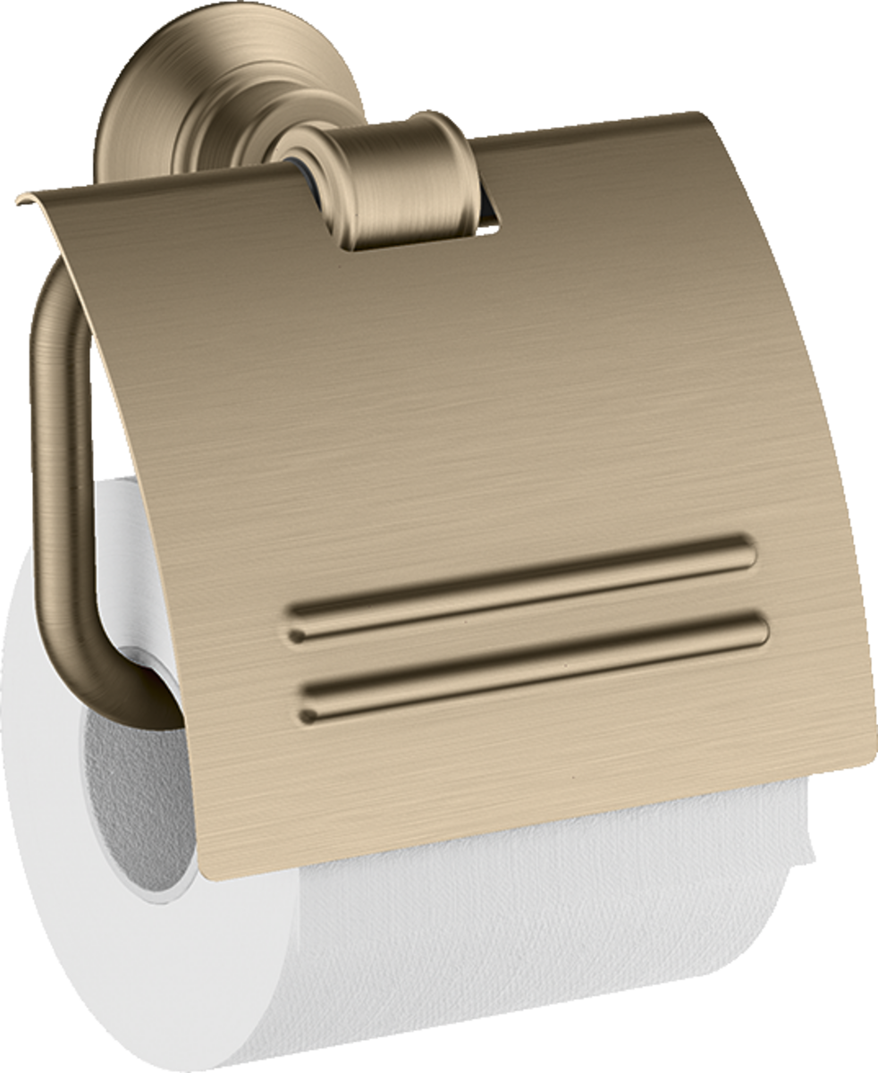 Brushed nickel toilet paper holder with covered roll design and mounting bracket.