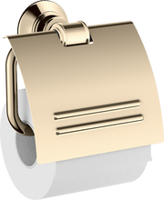 Polished nickel toilet paper holder with covered roll compartment and wall-mounted circular backplate.