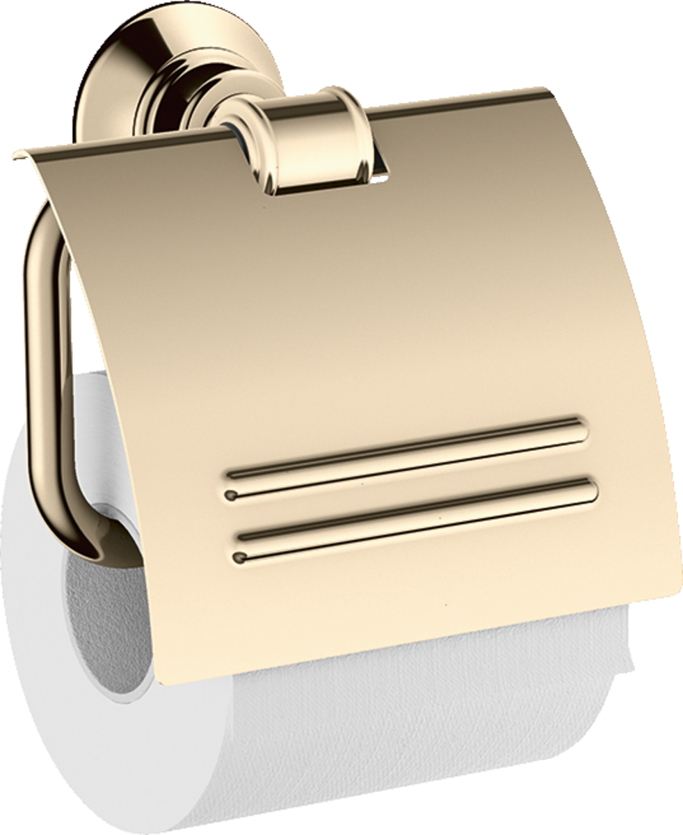 Polished nickel toilet paper holder with covered roll compartment and wall-mounted circular backplate.