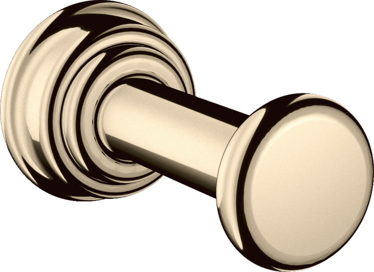Polished nickel hook with cylindrical rod and circular rosette backplate featuring concentric ring design.