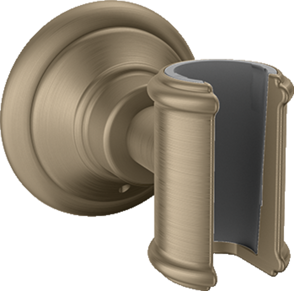 Brushed nickel wall-mounted handshower holder with circular backplate and curved cradle for shower hose.