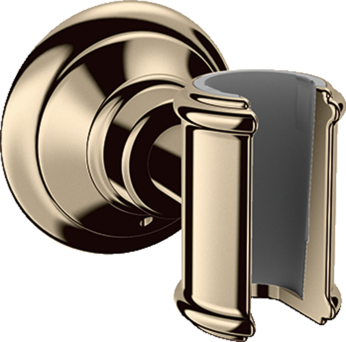 Polished nickel handshower holder with circular wall mount and curved cradle bracket.