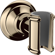 Polished nickel handshower holder with circular wall mount and curved cradle bracket.