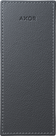 Grey leather rectangular plate with AXOR branding and white stitching along the edges.