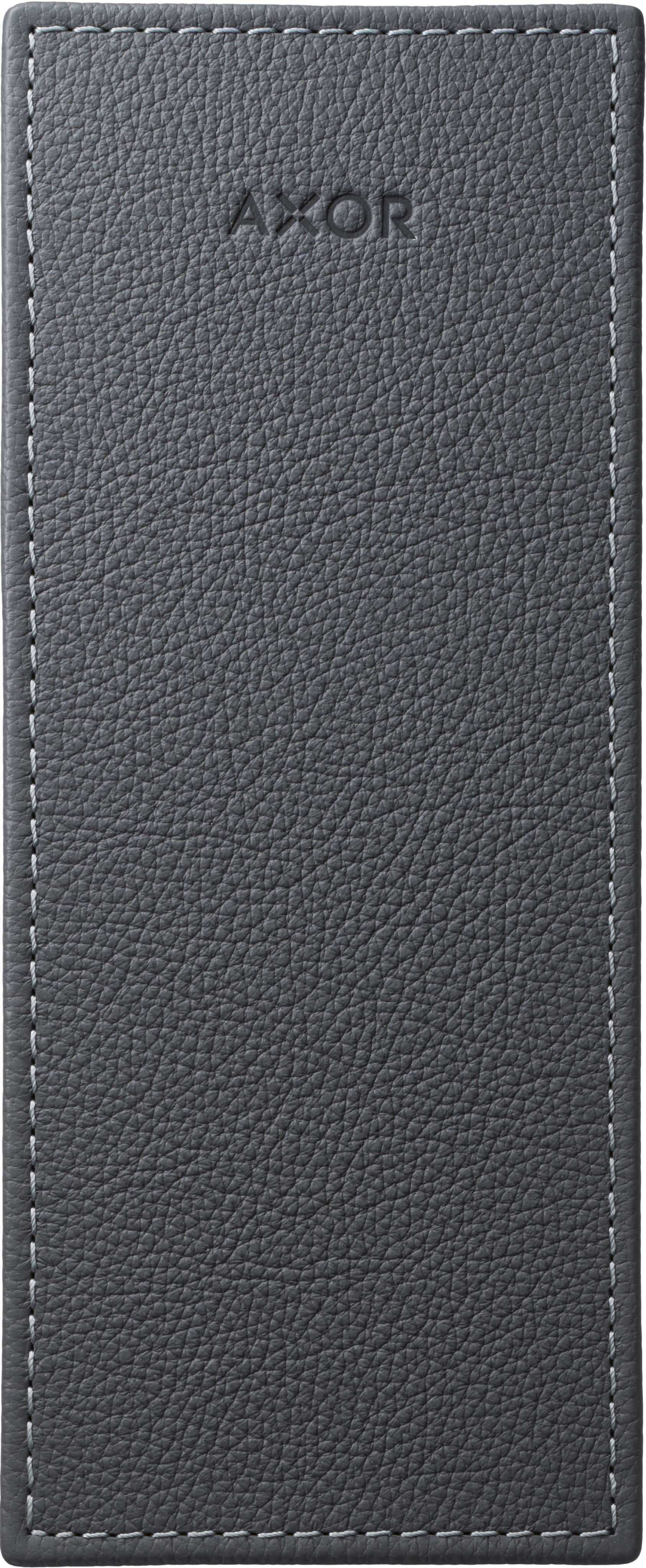 Grey leather rectangular plate with AXOR branding and white stitching along the edges.