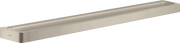 Brushed nickel towel bar with rounded edges and mounting brackets on ends, 32 inches long.