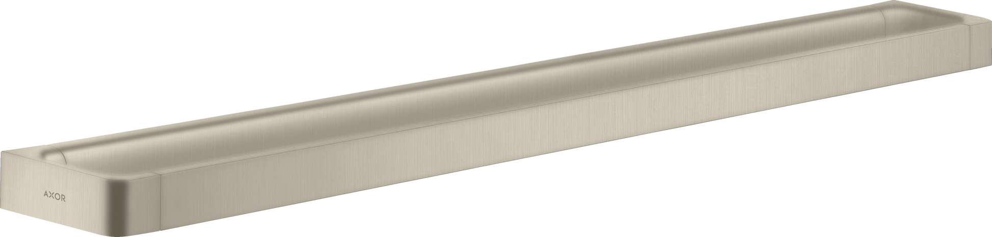 Brushed nickel towel bar with rounded edges and mounting brackets on ends, 32 inches long.