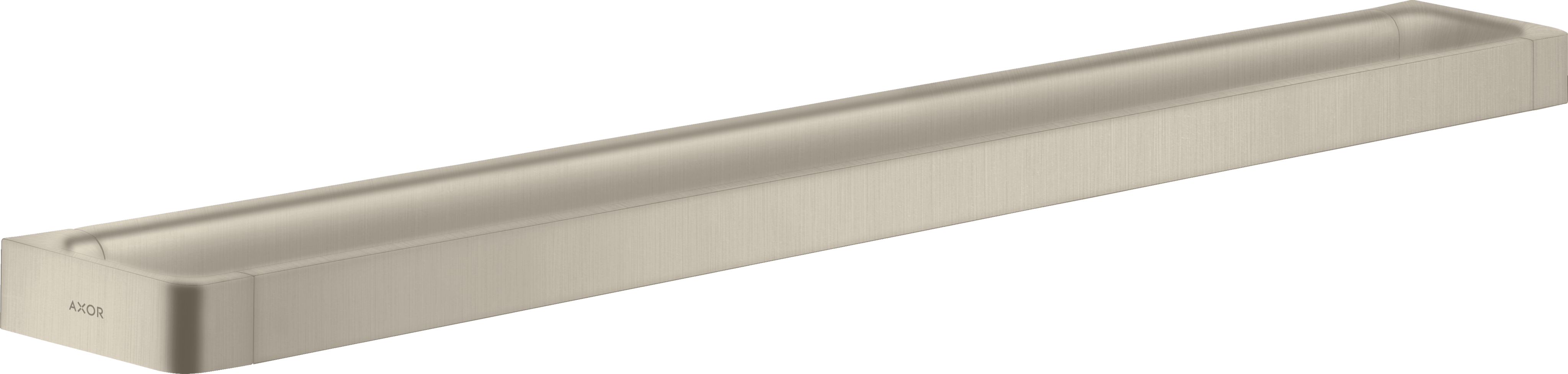Brushed nickel towel bar with rounded edges and mounting brackets on ends, 32 inches long.