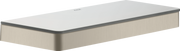 Brushed nickel rectangular shelf with rounded edges and light beige textured sides, displayed at an angle.