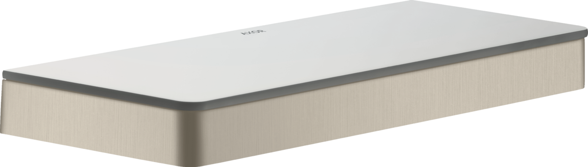 Brushed nickel rectangular shelf with rounded edges and light beige textured sides, displayed at an angle.