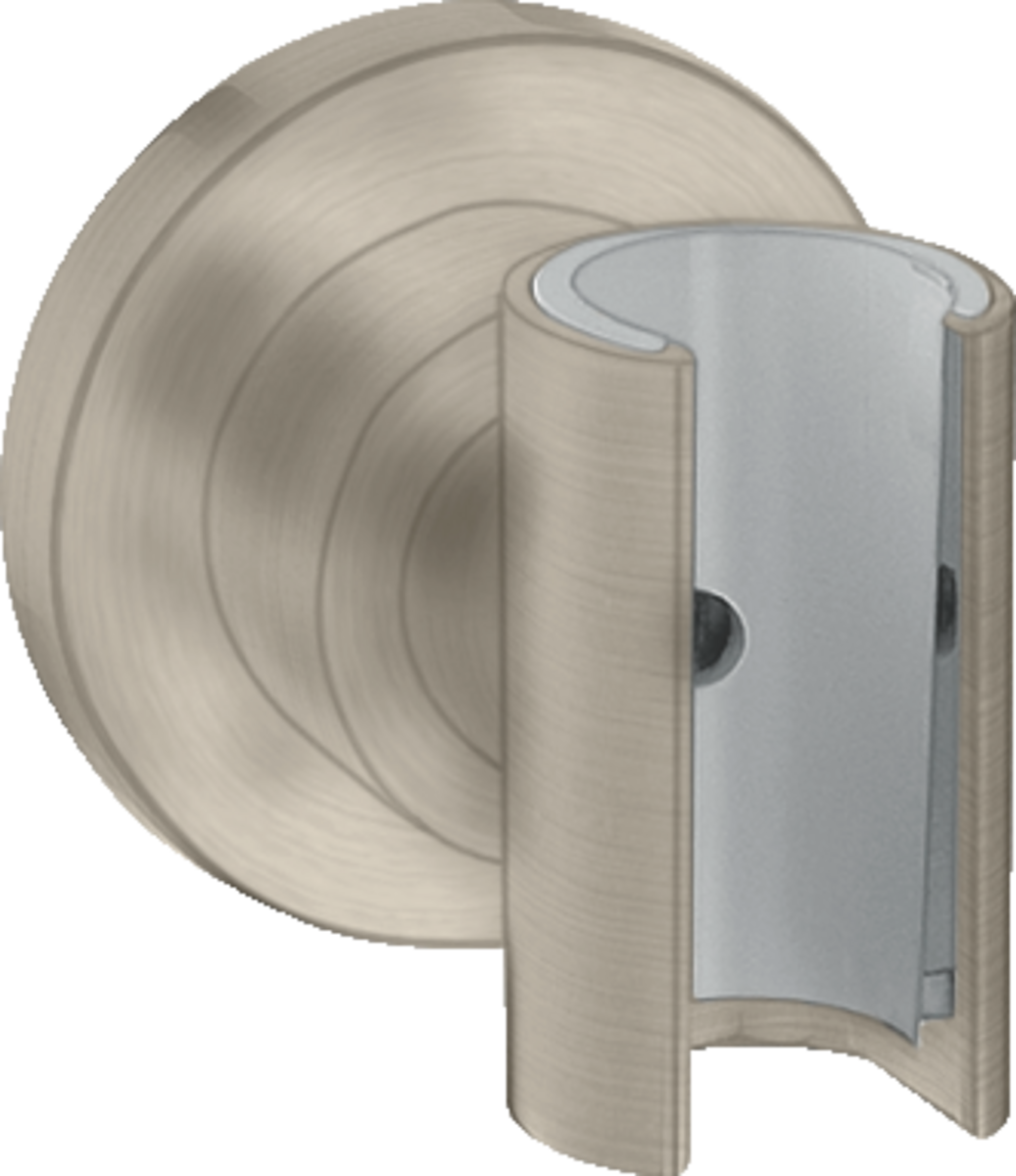 Brushed nickel wall-mounted handshower holder with circular backplate and curved cradle arm.