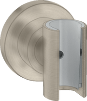 Brushed nickel wall-mounted handshower holder with circular backplate and curved cradle arm.
