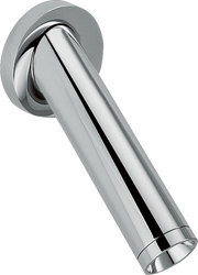 Chrome tub spout with curved cylindrical body and round wall-mounted escutcheon plate.