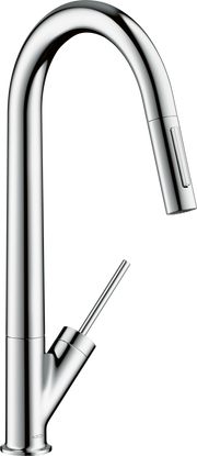 Chrome high-arc kitchen faucet with pull-down spray head and single lever handle.
