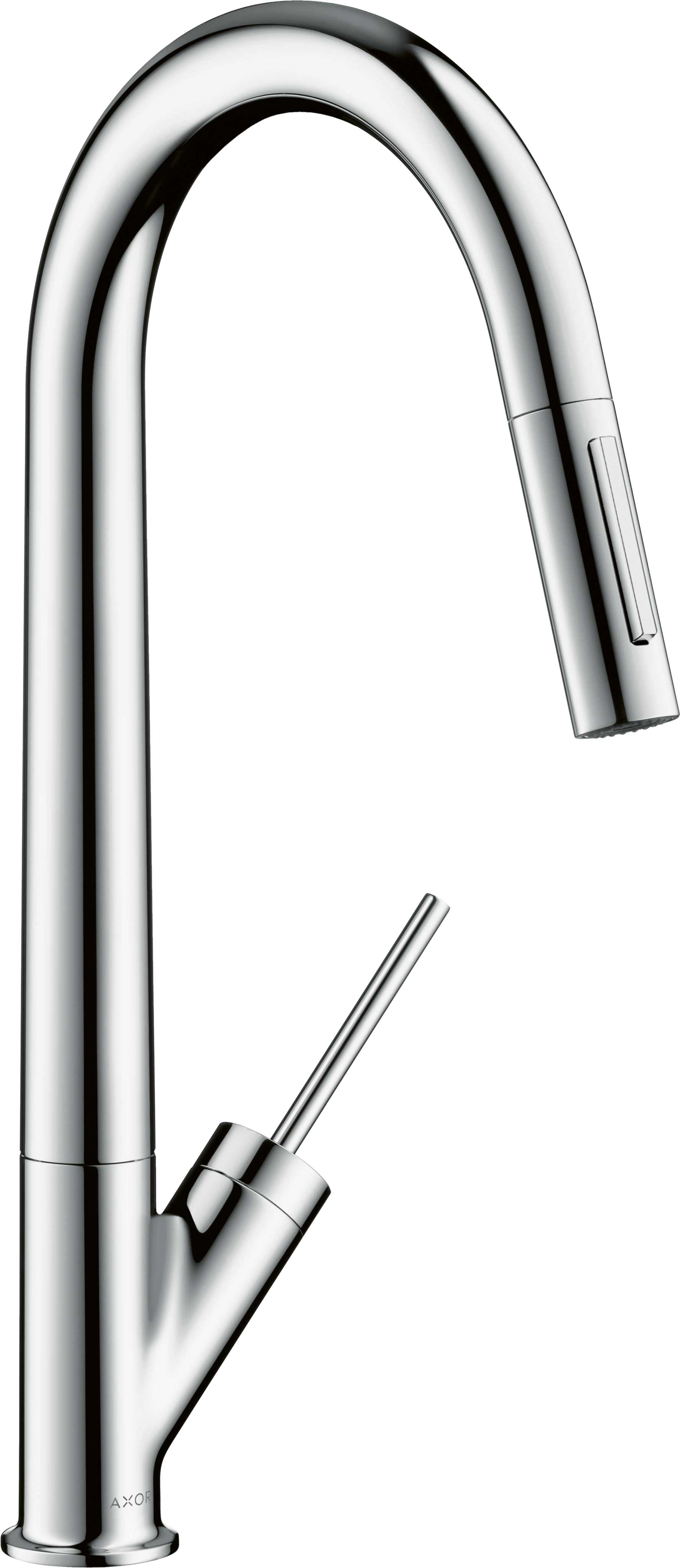 Chrome high-arc kitchen faucet with pull-down spray head and single lever handle.