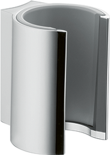 Chrome handshower holder with curved cylindrical design and dark gray interior panel.