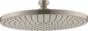 Brushed nickel circular shower head with multiple spray jets and connecting arm, mounted overhead view.