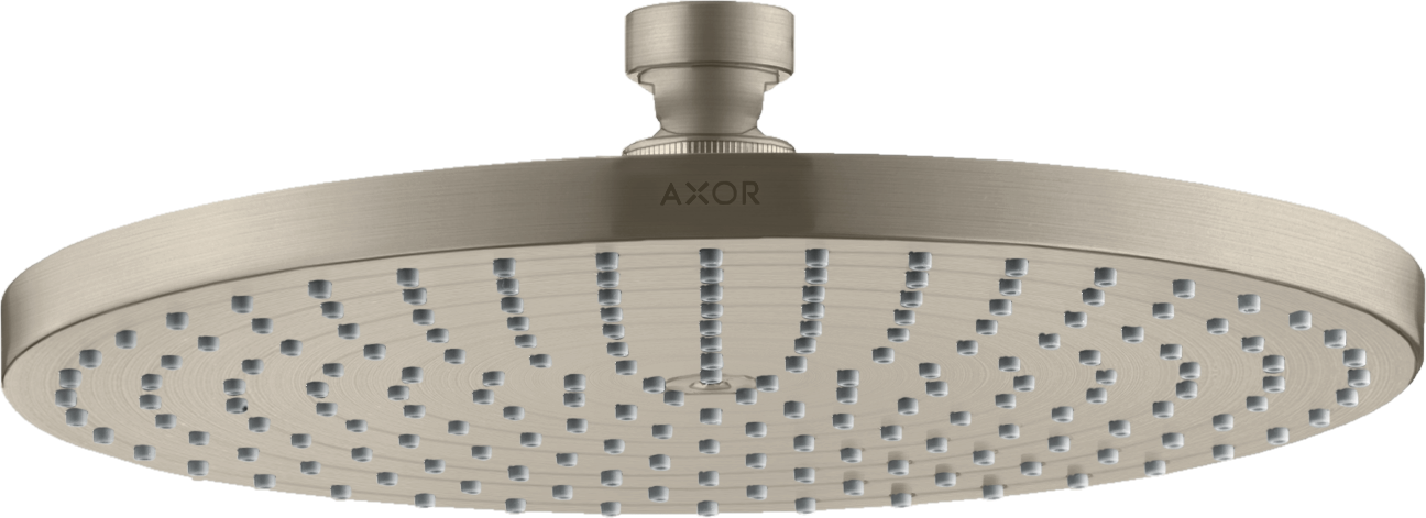 Brushed nickel circular shower head with multiple spray jets and connecting arm, mounted overhead view.