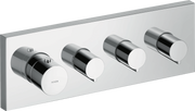 Chrome thermostatic shower valve trim with four cylindrical control knobs mounted on rectangular plate.