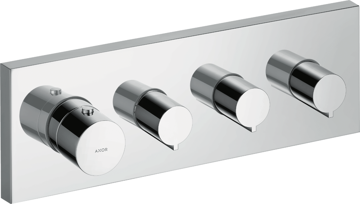 Chrome thermostatic shower valve trim with four cylindrical control knobs mounted on rectangular plate.