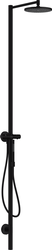 Matte black wall-mounted showerpipe with overhead rain showerhead, handheld spray, and control valve.