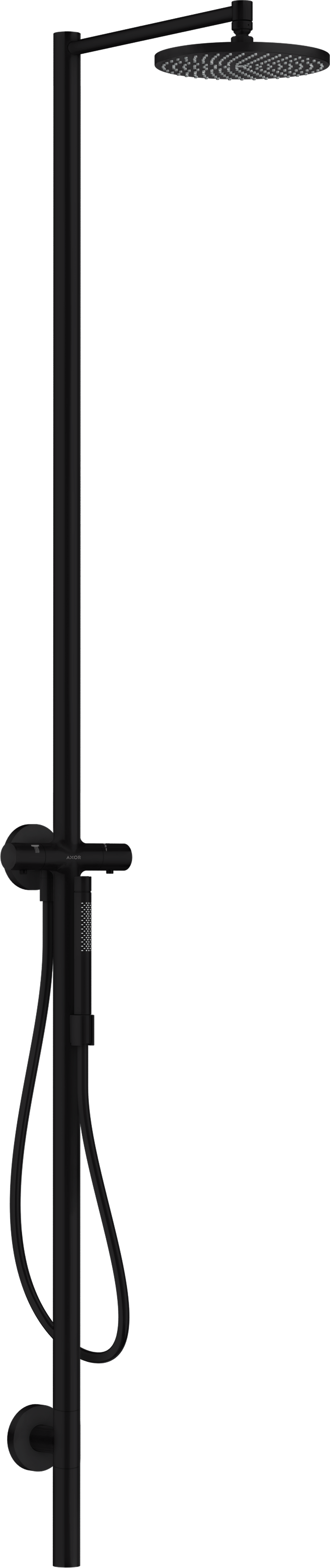 Matte black wall-mounted showerpipe with overhead rain showerhead, handheld spray, and control valve.