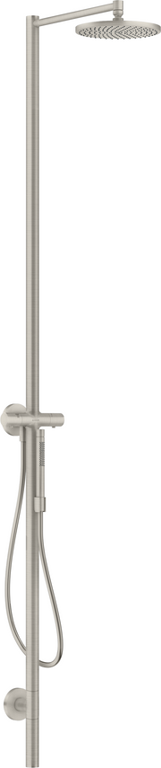 Steel optic showerpipe with overhead rainfall showerhead, handheld spray wand, and vertical slide bar.