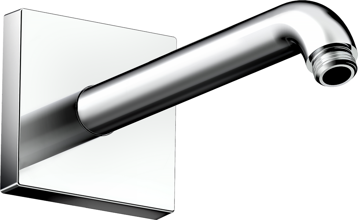 Chrome shower arm with square wall mount and threaded outlet connection.
